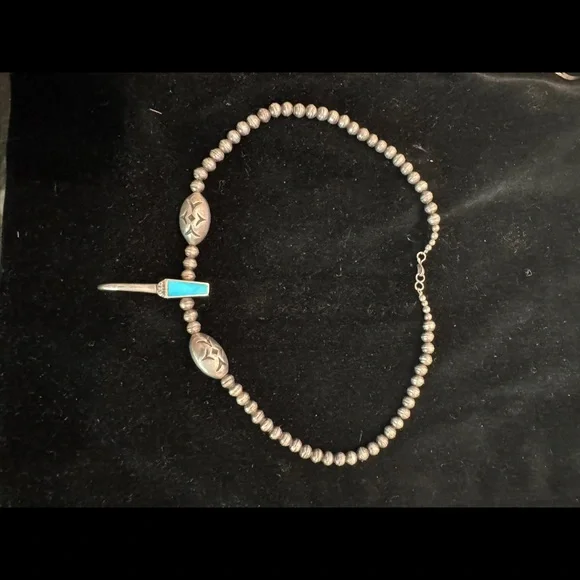 Vintage Southwestern Sterling Silver Beaded Turquoise Necklace - Picture 2 of 6